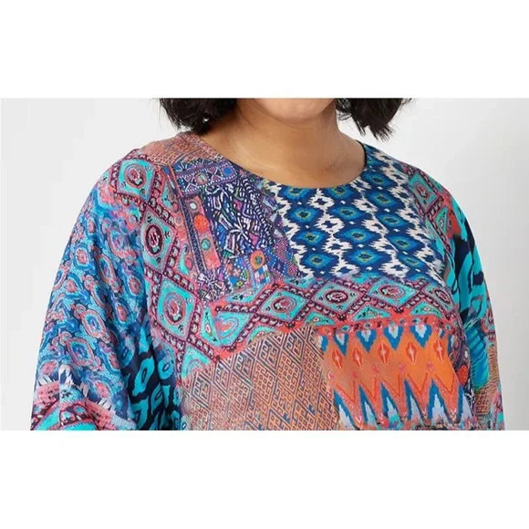 Tolani Collection Petite Printed Woven Caftan Tunic Navy Ikat PL A347419 QVC - Picture 2 of 10
